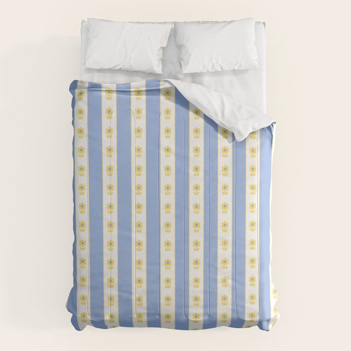 Cottage Stripes and Flowers Pattern in Sky Blue, Yellow, and White Comforter Gallery Image 6