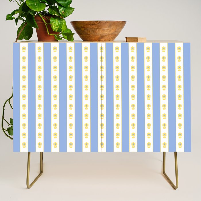 Cottage Stripes and Flowers Pattern in Sky Blue, Yellow, and White Credenza Gallery Image 1