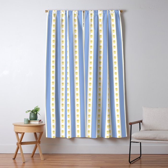 Cottage Stripes and Flowers Pattern in Sky Blue, Yellow, and White Window Curtain Gallery Image 5