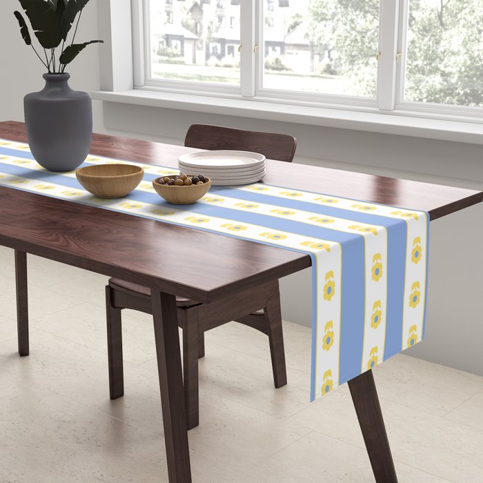 Cottage Stripes and Flowers Pattern in Sky Blue, Yellow, and White Table Runner Gallery Image 2