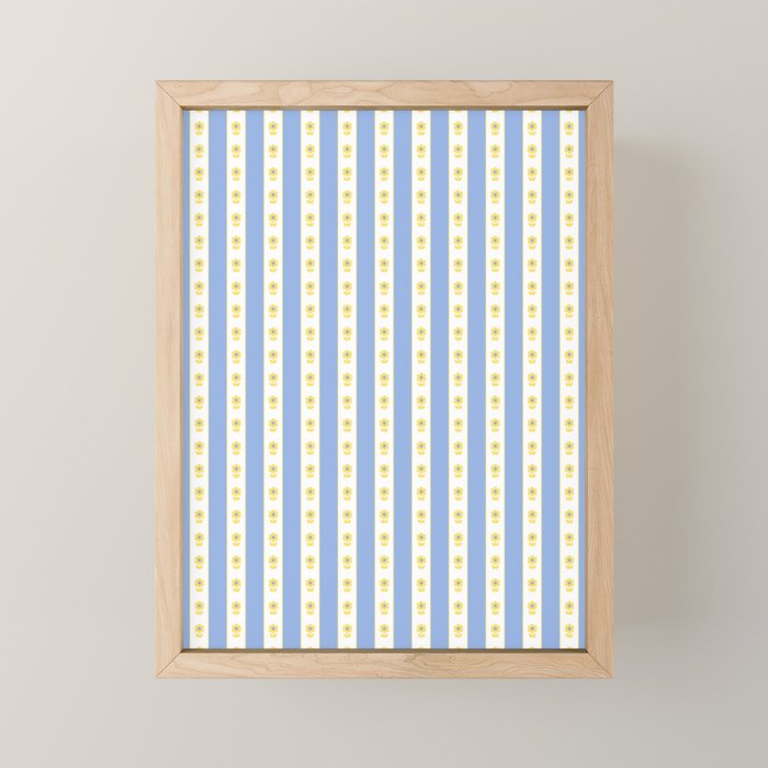 Cottage Stripes and Flowers Pattern in Sky Blue, Yellow, and White Mini Art Print Gallery Image 1