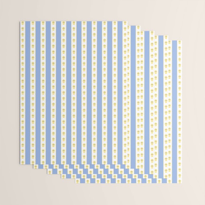 Cottage Stripes and Flowers Pattern in Sky Blue, Yellow, and White Wrapping Paper Gallery Image 3