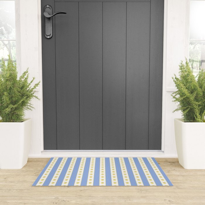 Cottage Stripes and Flowers Pattern in Sky Blue, Yellow, and White Welcome Mat Gallery Image 3