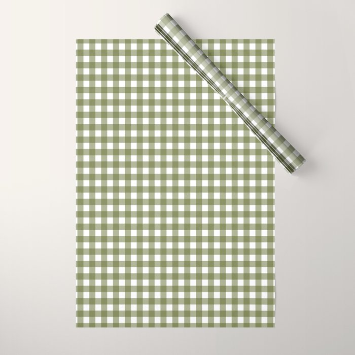 Gingham Check Pattern in Olive Green and White Wrapping Paper Gallery Image 1