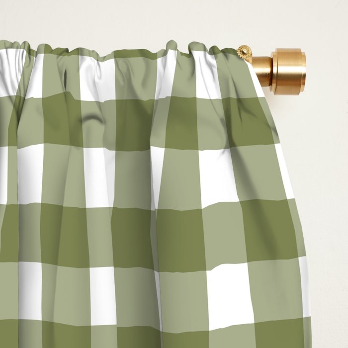 Gingham Check Pattern in Olive Green and White Window Curtain Gallery Image 2