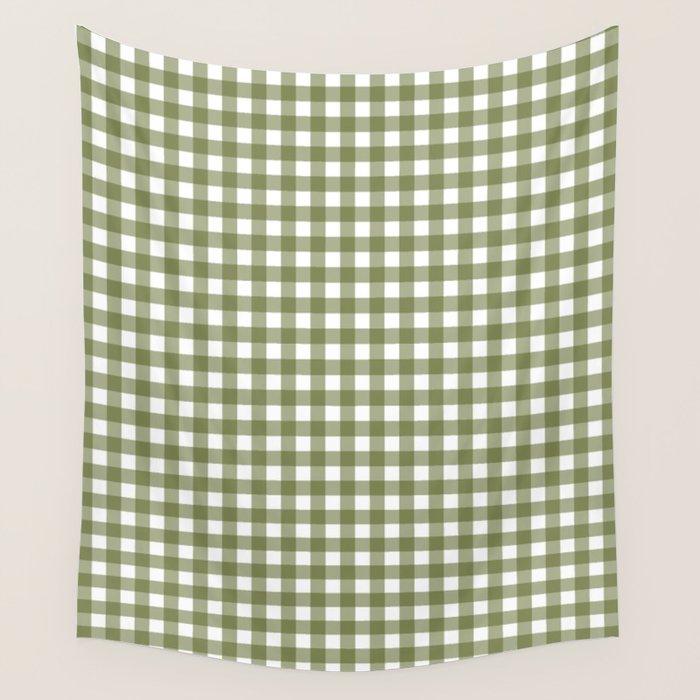 Gingham Check Pattern in Olive Green and White Wall Tapestry Gallery Image 4