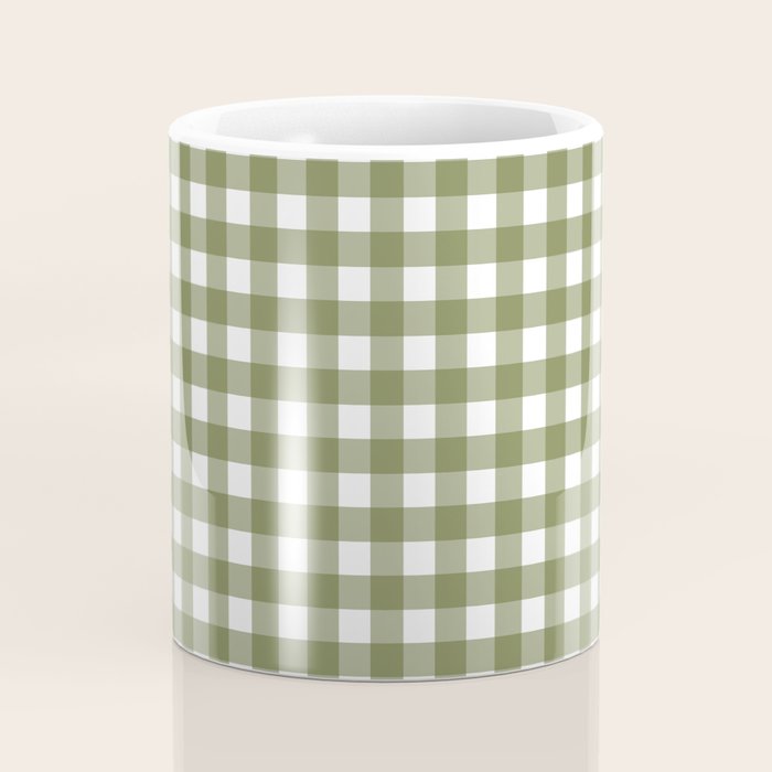 Gingham Check Pattern in Olive Green and White Coffee Mug Gallery Image 4