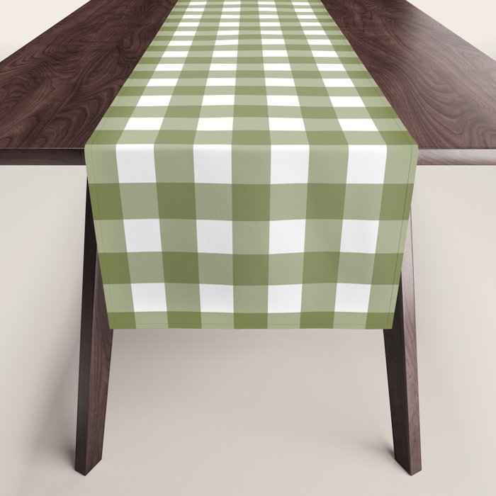 Gingham Check Pattern in Olive Green and White Table Runner Gallery Image 1