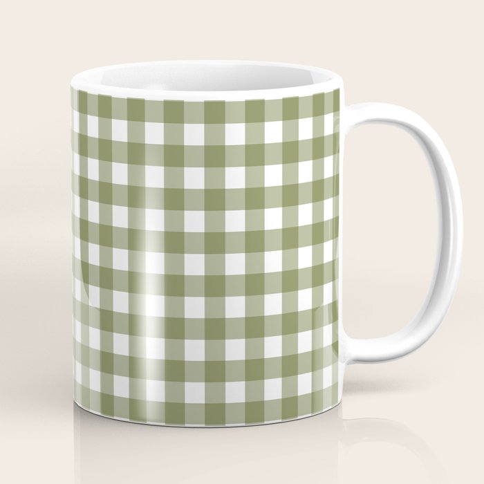 Gingham Check Pattern in Olive Green and White Coffee Mug Gallery Image 1