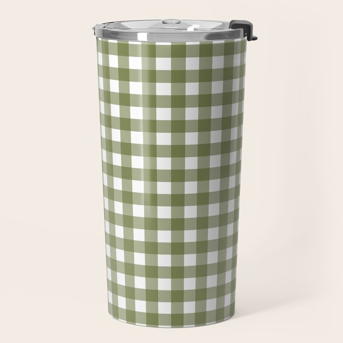 Gingham Check Pattern in Olive Green and White Travel Mug Gallery Image 2
