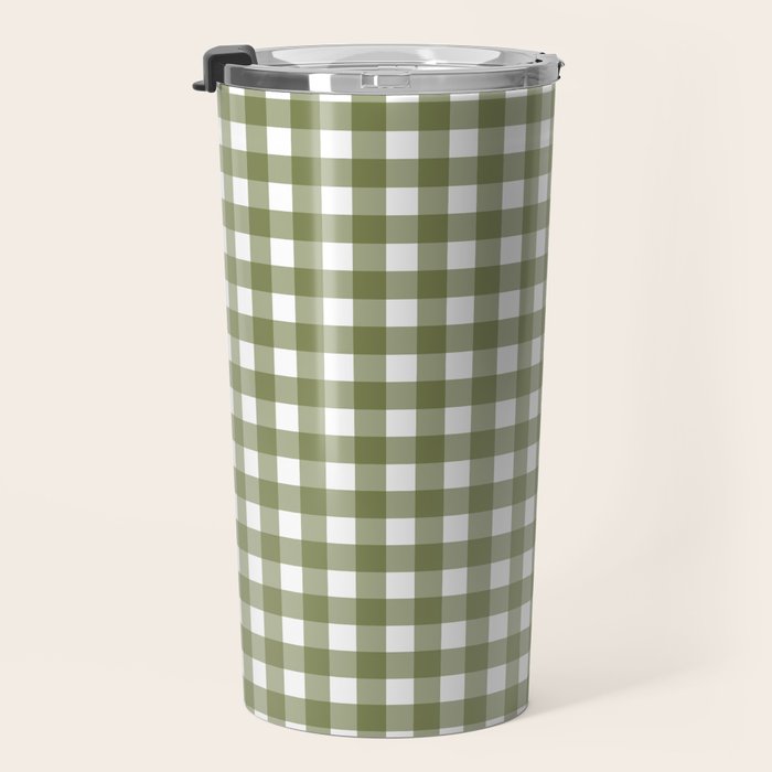 Gingham Check Pattern in Olive Green and White Travel Mug Gallery Image 3