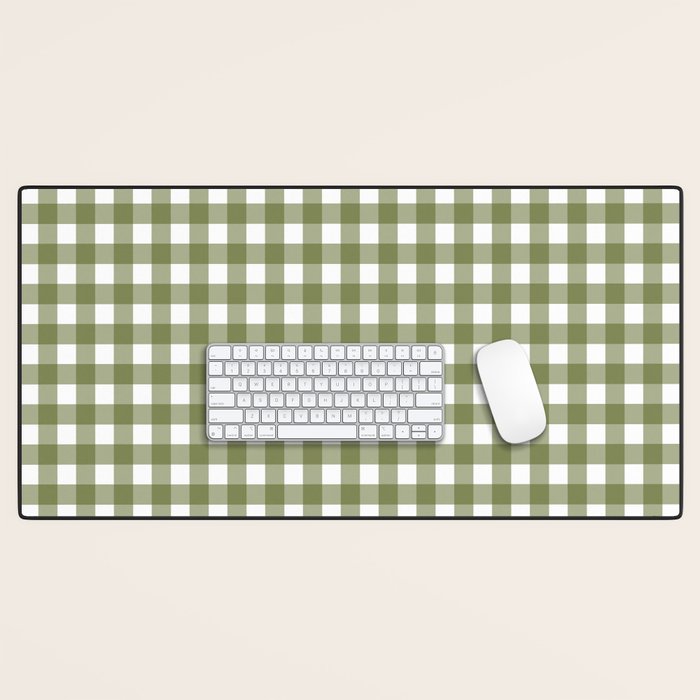 Gingham Check Pattern in Olive Green and White Desk Mat Gallery Image 1