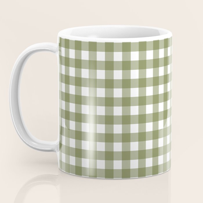 Gingham Check Pattern in Olive Green and White Coffee Mug Gallery Image 3