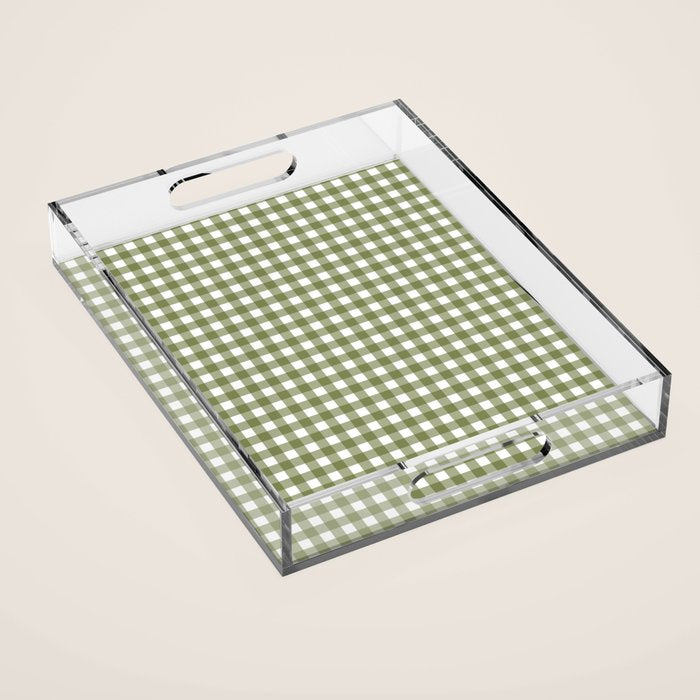 Gingham Check Pattern in Olive Green and White Acrylic Tray Gallery Image 1