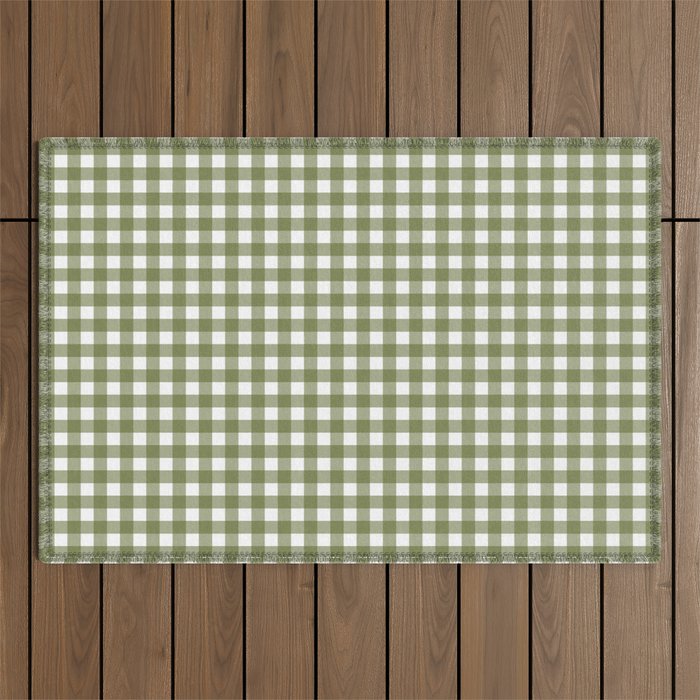 Gingham Check Pattern in Olive Green and White Outdoor Rug Gallery Image 1