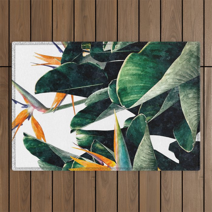 Paradise Bird, Nature Botanical Plant Floral, Tropical Garden Watercolor Painting Outdoor Rug Gallery Image 1