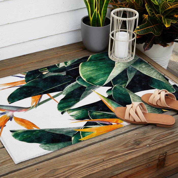 Paradise Bird, Nature Botanical Plant Floral, Tropical Garden Watercolor Painting Outdoor Rug Gallery Image 2
