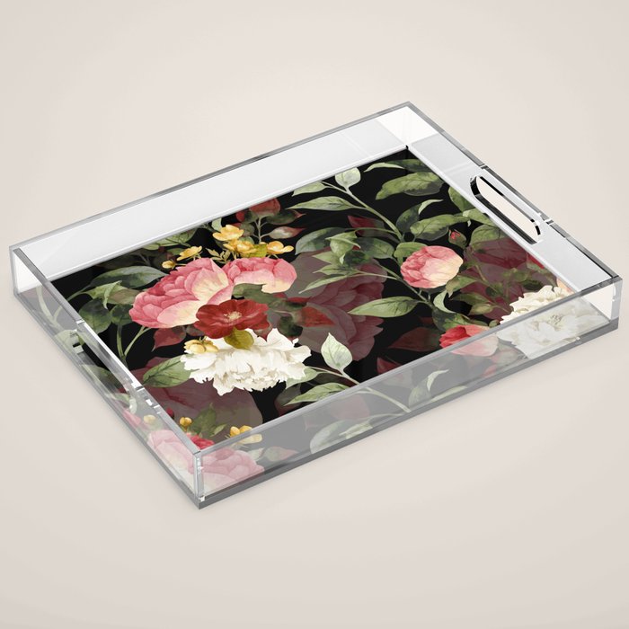Floral Flower Pattern Watercolor White Pink Flowers Black Background Acrylic Tray Gallery Image 1