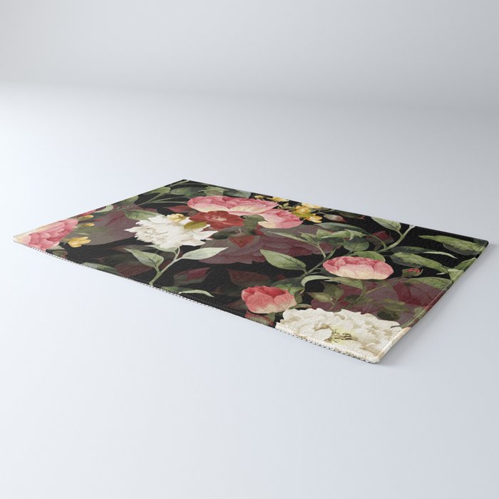 Floral Flower Pattern Watercolor White Pink Flowers Black Background Rug Gallery Image 3