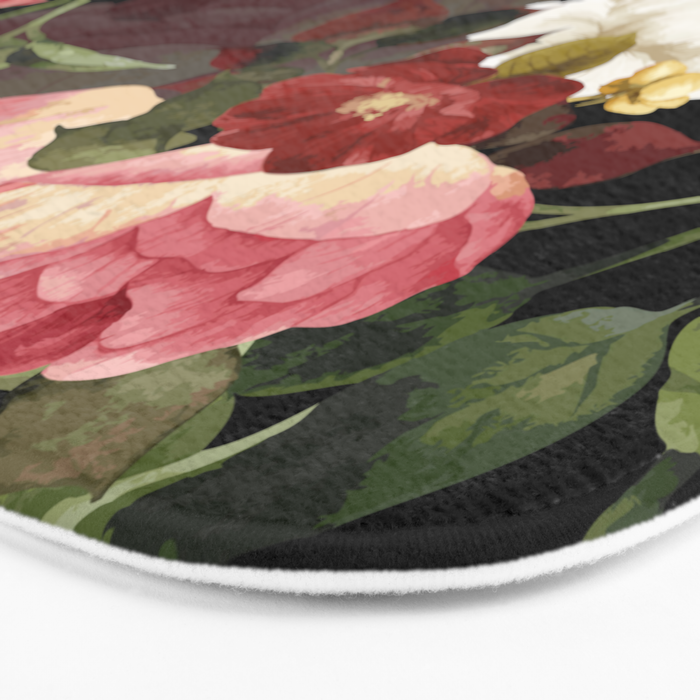 Floral Flower Pattern Watercolor White Pink Flowers Black Background Bath Mat Gallery Image 3