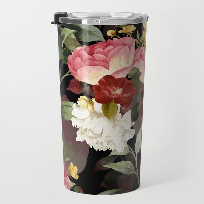 Floral Flower Pattern Watercolor White Pink Flowers Black Background Travel Mug Gallery Image 3