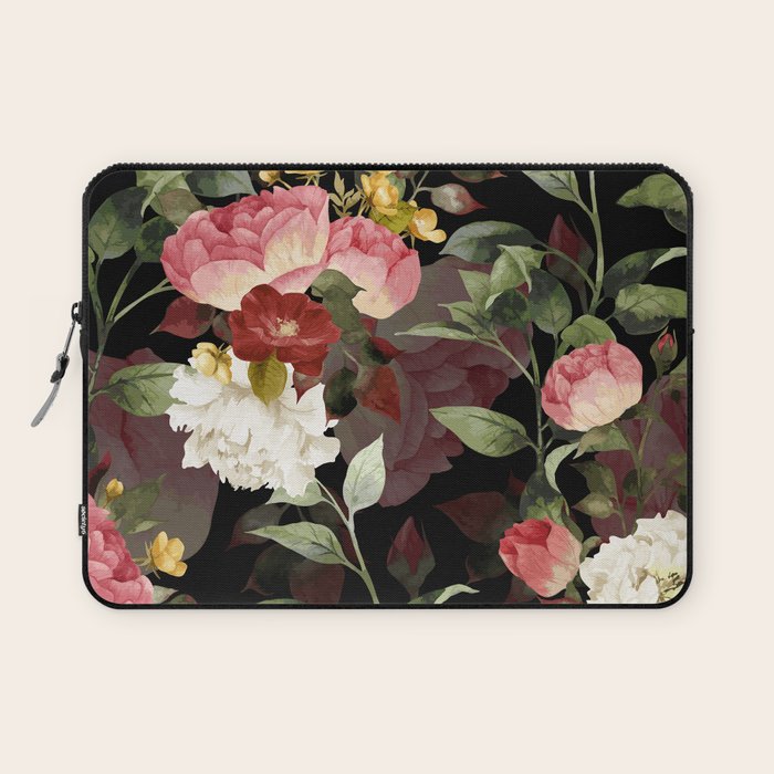 Floral Flower Pattern Watercolor White Pink Flowers Black Background Laptop Sleeve Gallery Image 1