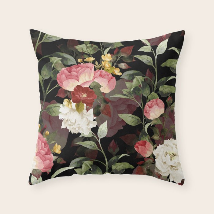Floral Flower Pattern Watercolor White Pink Flowers Black Background Throw Pillow