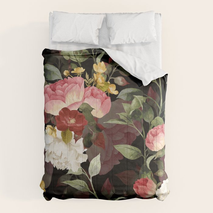 Floral Flower Pattern Watercolor White Pink Flowers Black Background Comforter Gallery Image 6