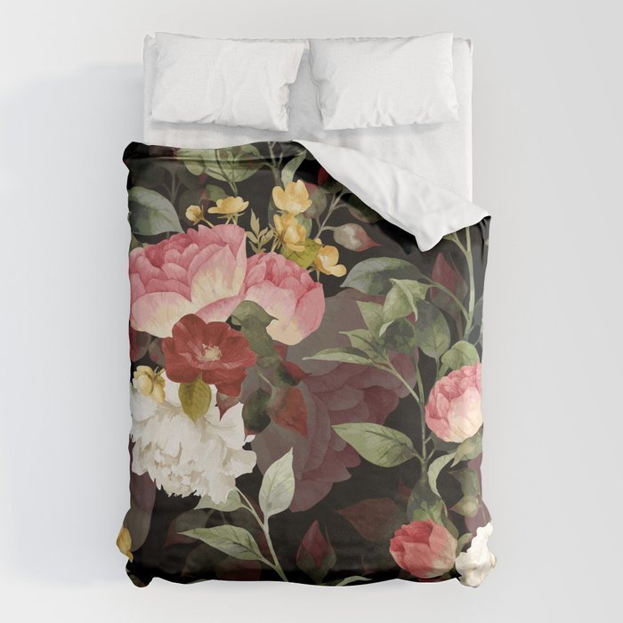 Floral Flower Pattern Watercolor White Pink Flowers Black Background Duvet Cover Gallery Image 6