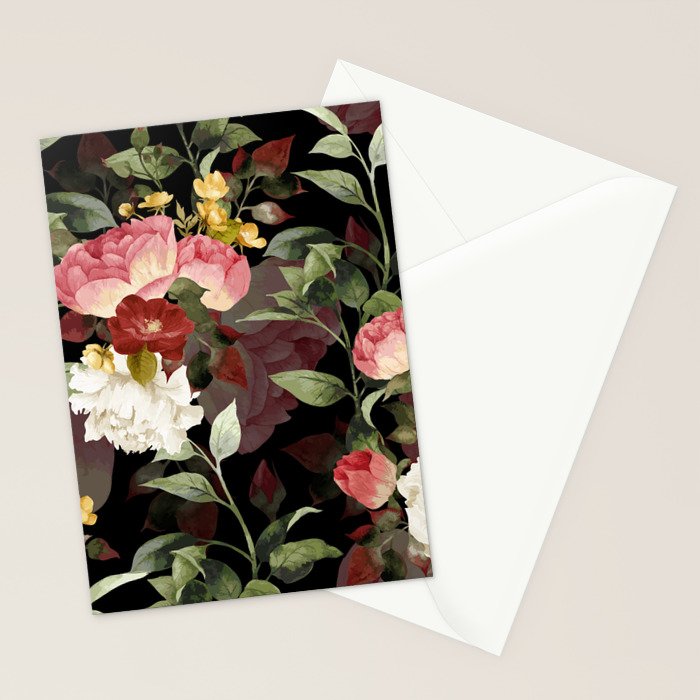 Floral Flower Pattern Watercolor White Pink Flowers Black Background Stationery Card Gallery Image 2