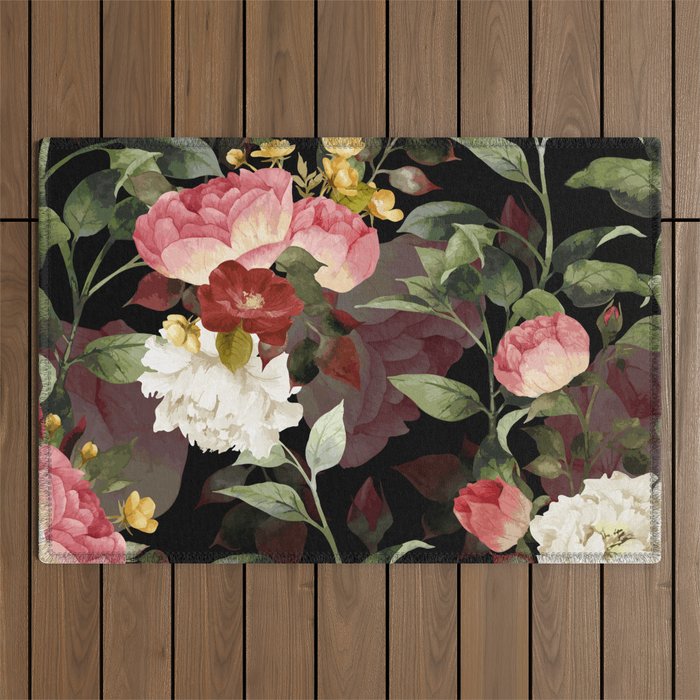 Floral Flower Pattern Watercolor White Pink Flowers Black Background Outdoor Rug Gallery Image 1
