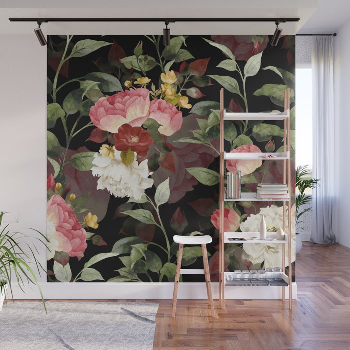 Floral Flower Pattern Watercolor White Pink Flowers Black Background Wall Mural Gallery Image 1