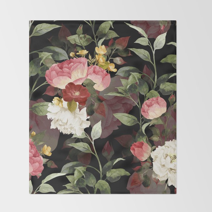 Floral Flower Pattern Watercolor White Pink Flowers Black Background Throw Blanket Gallery Image 2