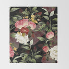 Floral Flower Pattern Watercolor White Pink Flowers Black Background Throw Blanket Gallery Image 2