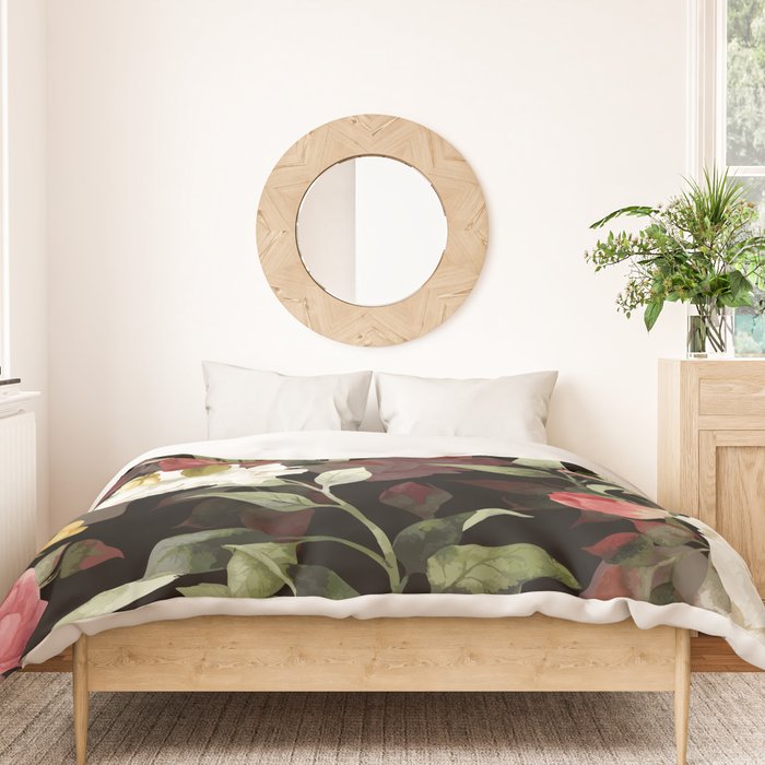 Floral Flower Pattern Watercolor White Pink Flowers Black Background Duvet Cover Gallery Image 3