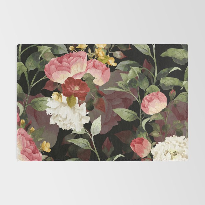 Floral Flower Pattern Watercolor White Pink Flowers Black Background Rug Gallery Image 2
