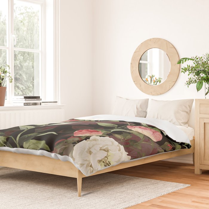 Floral Flower Pattern Watercolor White Pink Flowers Black Background Duvet Cover Gallery Image 2