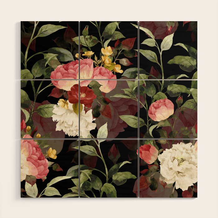 Floral Flower Pattern Watercolor White Pink Flowers Black Background Wood Wall Art Gallery Image 1