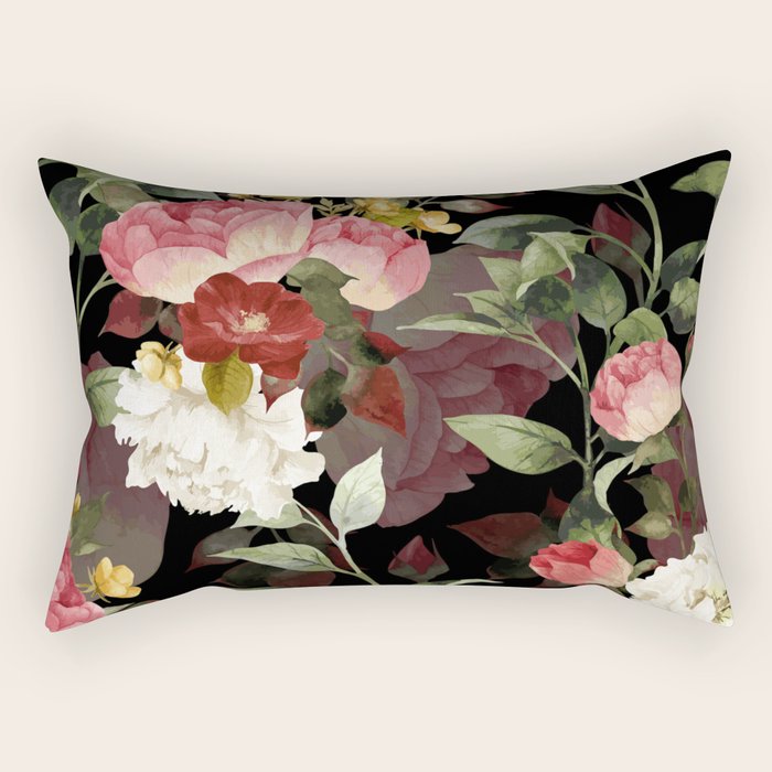 Floral Flower Pattern Watercolor White Pink Flowers Black Background Rectangular Pillow Gallery Image 1