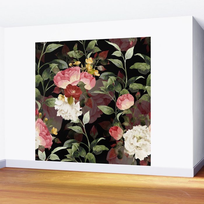 Floral Flower Pattern Watercolor White Pink Flowers Black Background Wall Mural Gallery Image 2