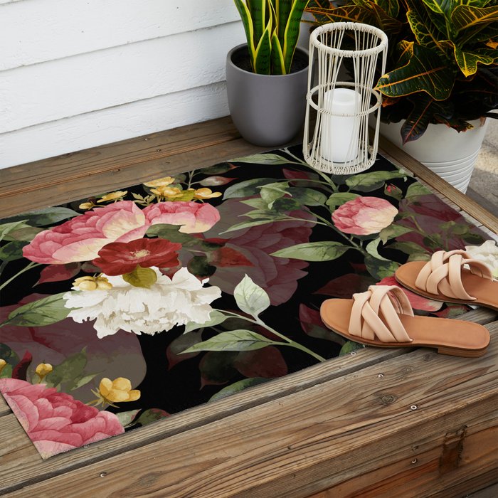 Floral Flower Pattern Watercolor White Pink Flowers Black Background Outdoor Rug Gallery Image 2