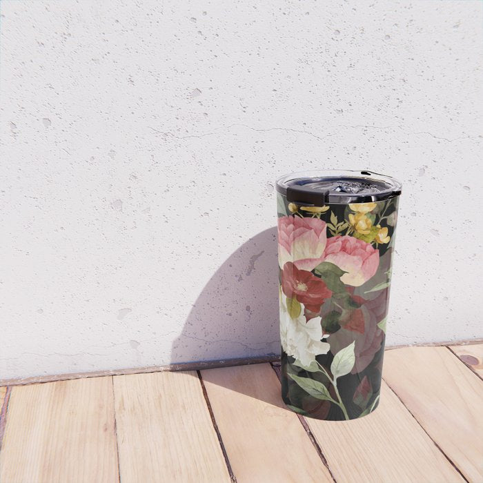 Floral Flower Pattern Watercolor White Pink Flowers Black Background Travel Mug Gallery Image 4