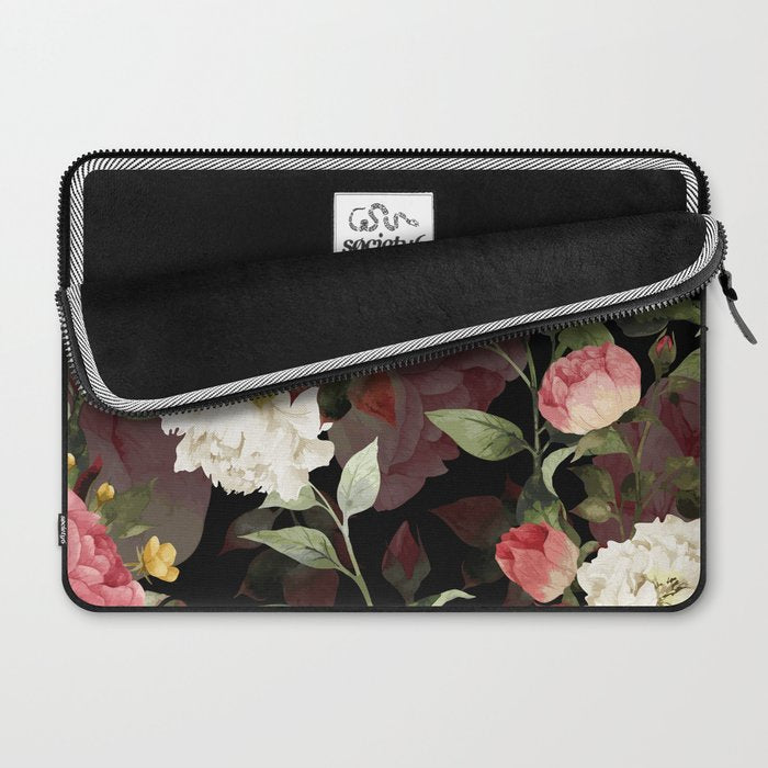 Floral Flower Pattern Watercolor White Pink Flowers Black Background Laptop Sleeve Gallery Image 2