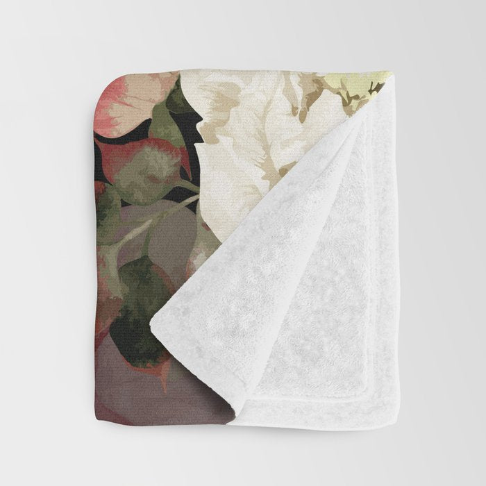 Floral Flower Pattern Watercolor White Pink Flowers Black Background Throw Blanket Gallery Image 3