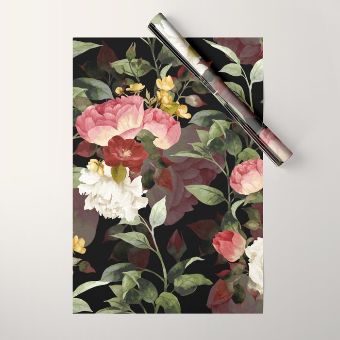 Floral Flower Pattern Watercolor White Pink Flowers Black Background Wrapping Paper Gallery Image 1