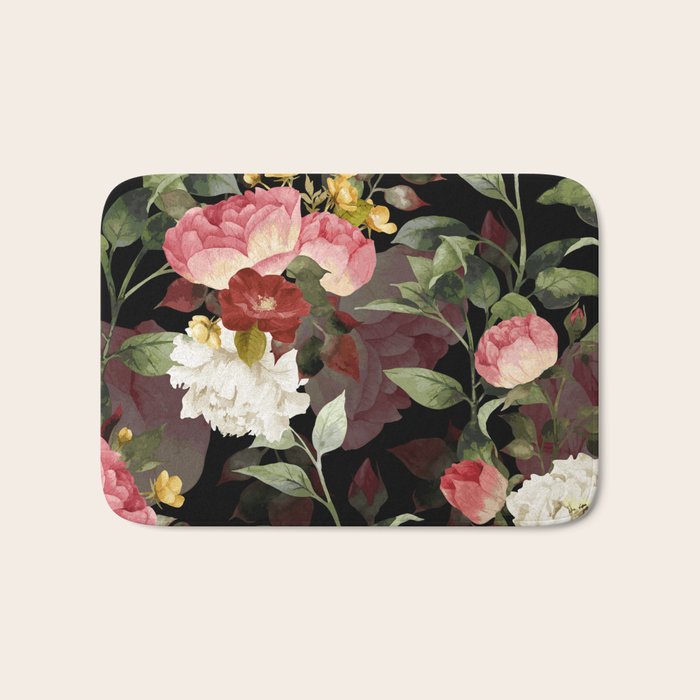 Floral Flower Pattern Watercolor White Pink Flowers Black Background Bath Mat Gallery Image 1