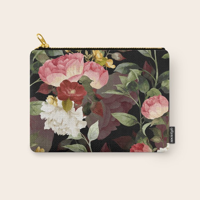 Floral Flower Pattern Watercolor White Pink Flowers Black Background Carry All Pouch Gallery Image 1