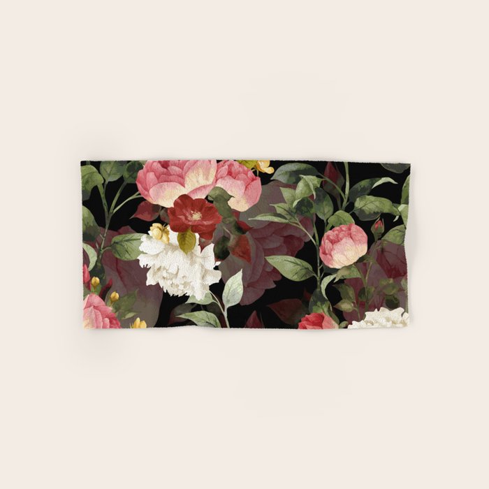 Floral Flower Pattern Watercolor White Pink Flowers Black Background Bath Towel Gallery Image 1
