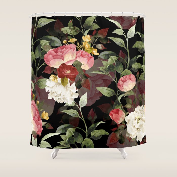 Floral Flower Pattern Watercolor White Pink Flowers Black Background Shower Curtain Gallery Image 1