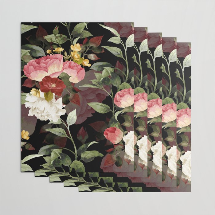 Floral Flower Pattern Watercolor White Pink Flowers Black Background Wrapping Paper Gallery Image 3
